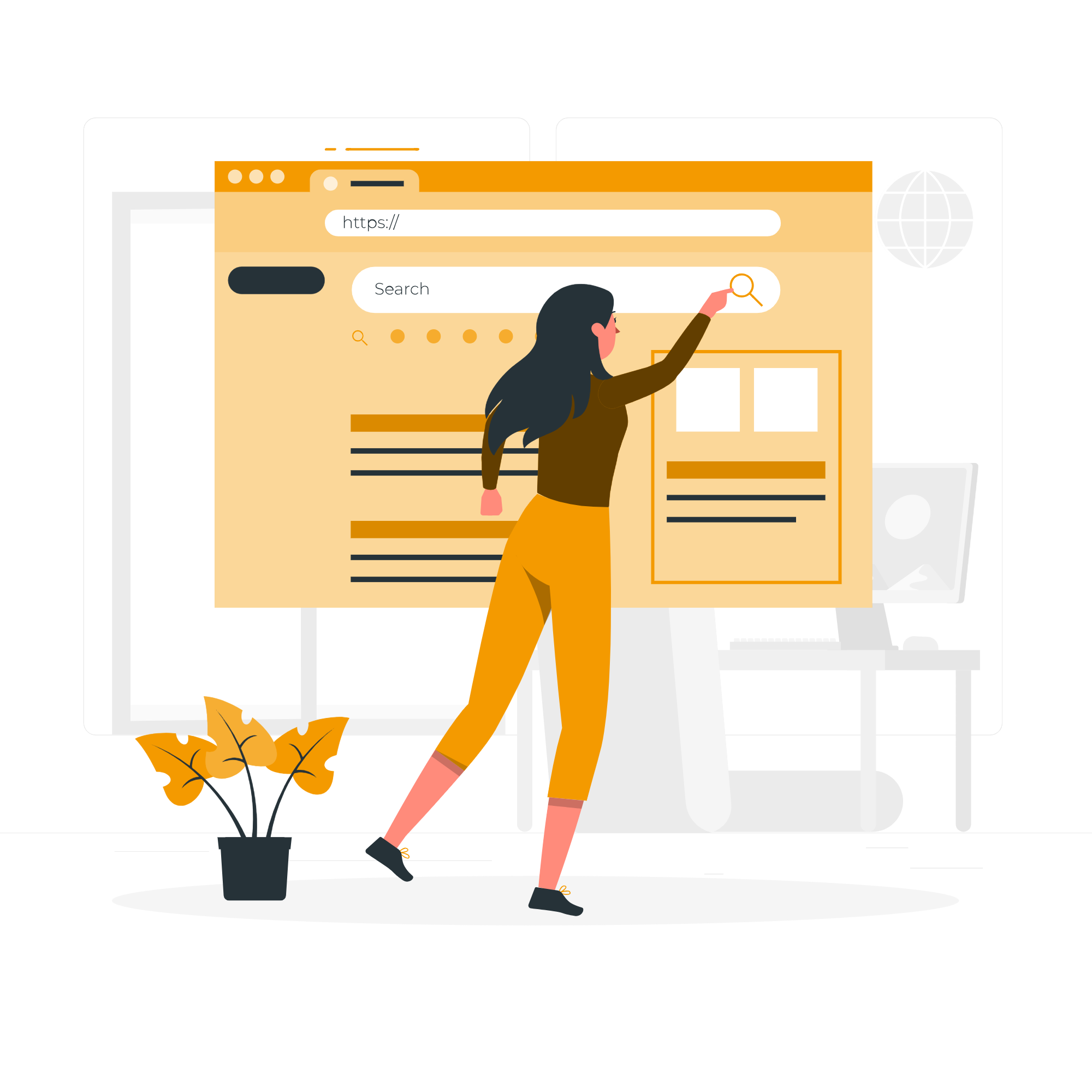 Femme effectuant une recherche sur un site web, illustrant l'expérience utilisateur optimisée par une agence application mobile experte en design et navigation intuitive.
