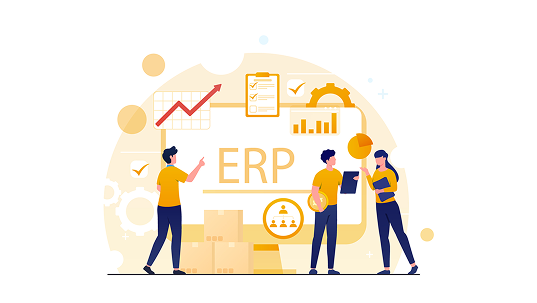 Illustration de trois personnes collaborant autour d’un projet ERP, avec des icônes de graphiques, tableaux et engrenages symbolisant l’optimisation des processus d’entreprise.