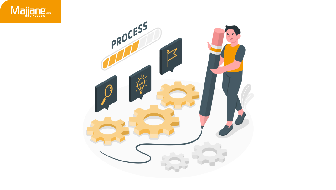 Illustration représentant le processus de travail fde Majjane avec un personnage tenant un grand crayon, dessinant un chemin parmi des engrenages jaunes. Trois icônes flottantes montrent une loupe (recherche), une ampoule (idée) et un drapeau (objectif atteint). Une barre de progression partiellement remplie indique l'avancement du processus. En haut à gauche, logo de l'agence Majjane.