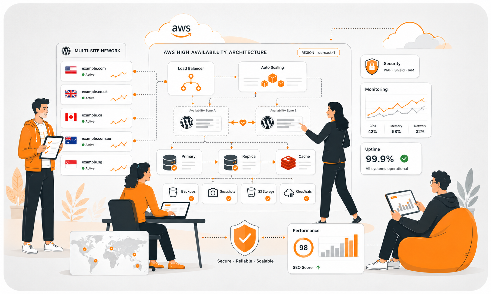 Architecture AWS haute disponibilité pour WordPress Multisite : l’expertise Majjane au service d’un SLA de 99,9 %